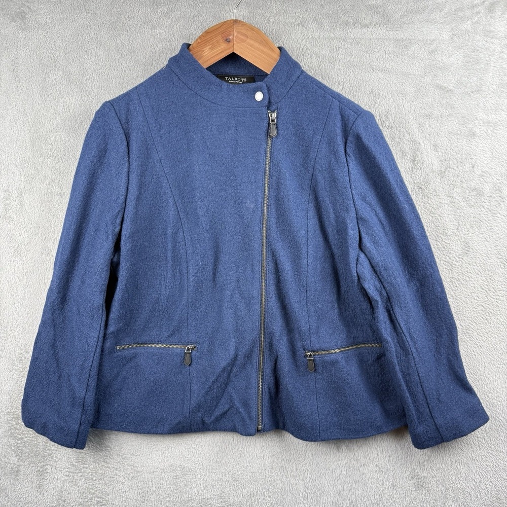 Talbots Moto Jacket Womens 14WP Blue Full Zip Rayon/Wool Blend Pockets Office‎